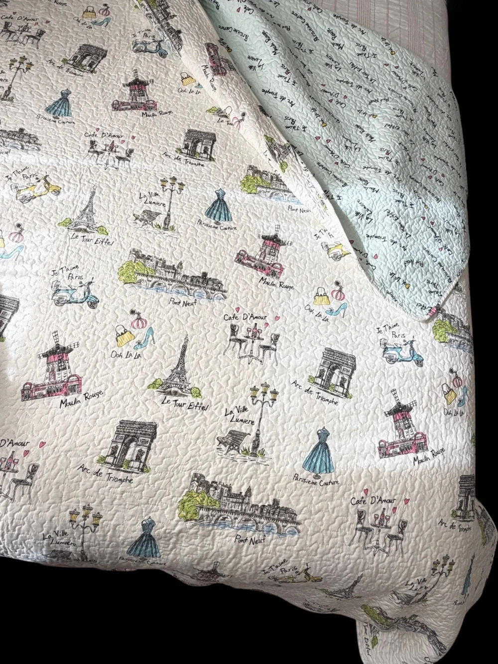 King 3pc Quilt Bedding Set Paris France Parisian Eiffel Tower French Ooh La La